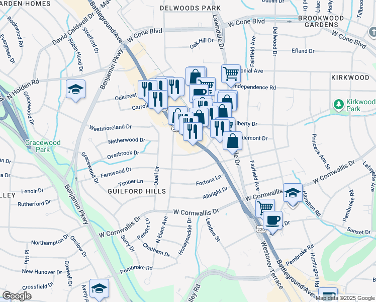 map of restaurants, bars, coffee shops, grocery stores, and more near 2310 Markland Drive in Greensboro