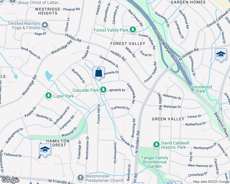 map of restaurants, bars, coffee shops, grocery stores, and more near 3317 Windrift Drive in Greensboro