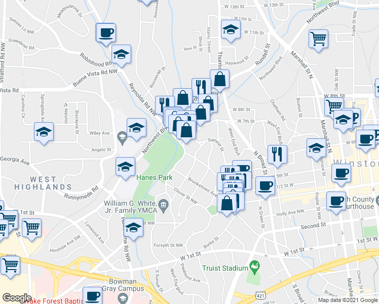 map of restaurants, bars, coffee shops, grocery stores, and more near 1405 Pilot View Street in Winston-Salem