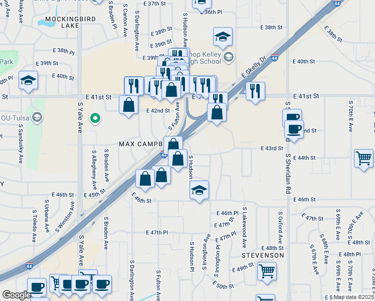 map of restaurants, bars, coffee shops, grocery stores, and more near 4228 South Hudson Place in Tulsa