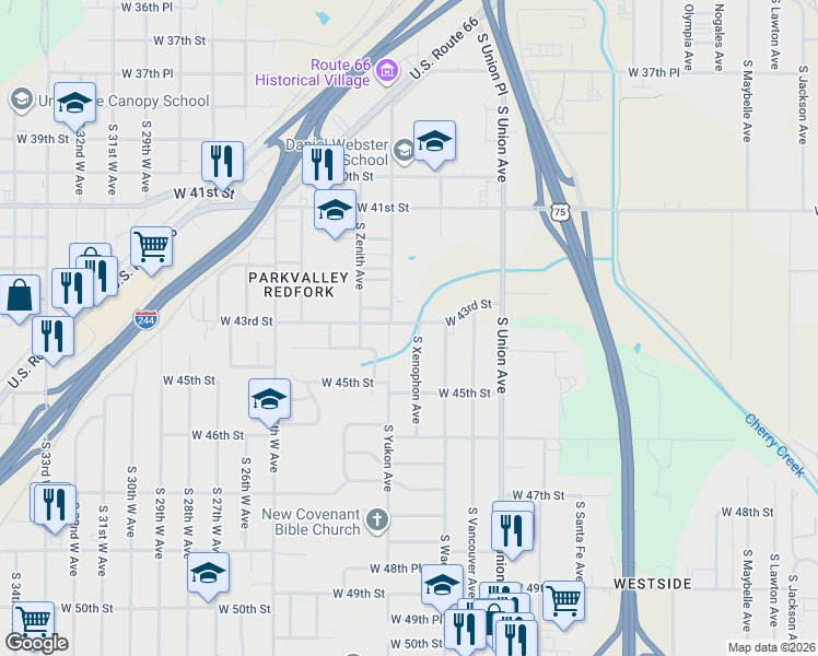 map of restaurants, bars, coffee shops, grocery stores, and more near 2022 West 43rd Street in Tulsa