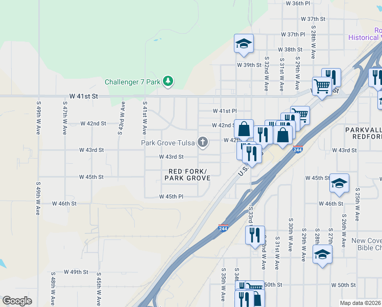 map of restaurants, bars, coffee shops, grocery stores, and more near 3709 West 43rd Street in Tulsa
