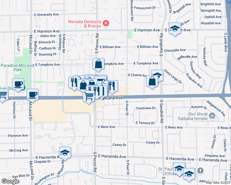 map of restaurants, bars, coffee shops, grocery stores, and more near 3540 East Tropicana Avenue in Las Vegas