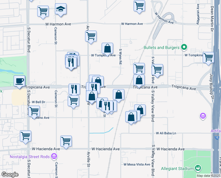 map of restaurants, bars, coffee shops, grocery stores, and more near 4205 West Tropicana Avenue in Las Vegas