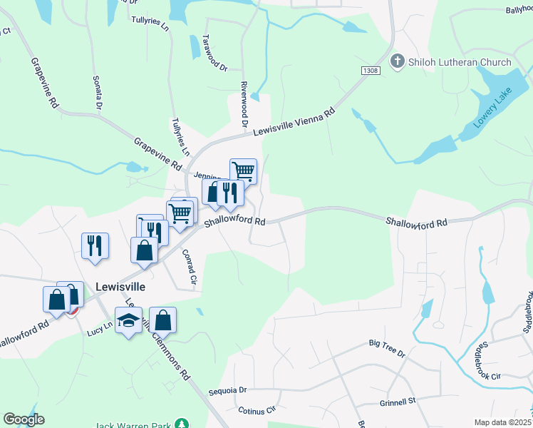 map of restaurants, bars, coffee shops, grocery stores, and more near 6161 Shallowford Road in Lewisville