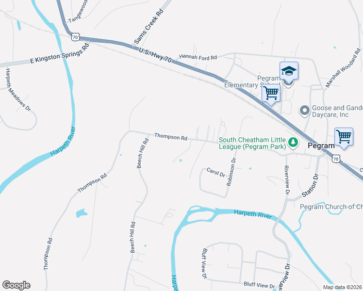 map of restaurants, bars, coffee shops, grocery stores, and more near 627 Thompson Rd in Pegram