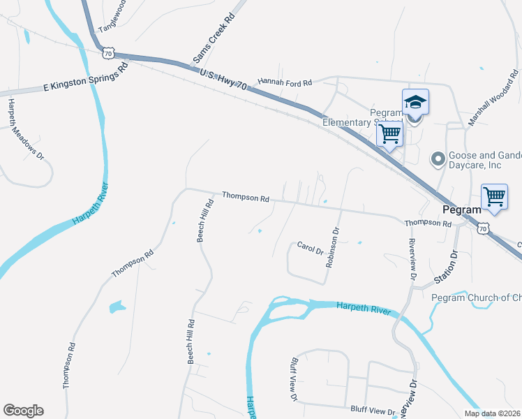 map of restaurants, bars, coffee shops, grocery stores, and more near 627 Thompson Road in Pegram