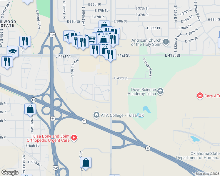 map of restaurants, bars, coffee shops, grocery stores, and more near 4402 South Garnett Road in Tulsa