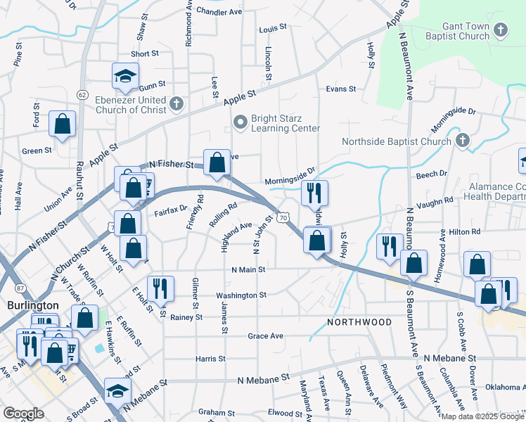 map of restaurants, bars, coffee shops, grocery stores, and more near 917 North Church Street in Burlington