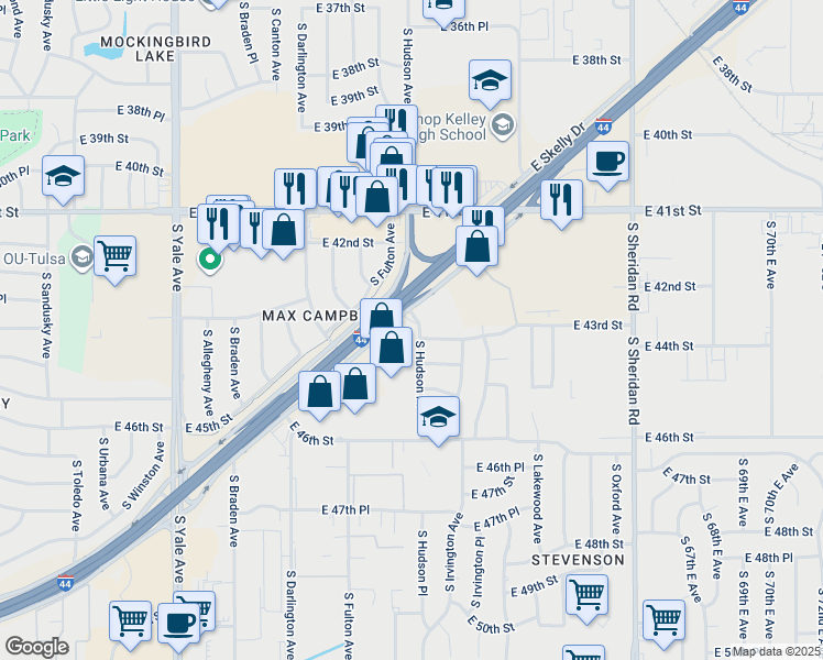 map of restaurants, bars, coffee shops, grocery stores, and more near 4228 South Hudson Place in Tulsa
