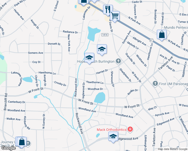 map of restaurants, bars, coffee shops, grocery stores, and more near 1516 Greenwood Terrace in Burlington