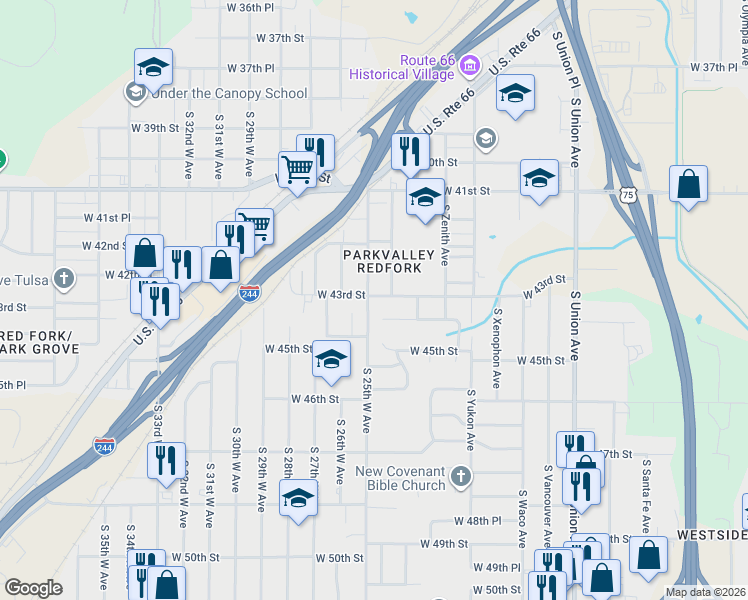 map of restaurants, bars, coffee shops, grocery stores, and more near 4302 South 26th West Avenue in Tulsa