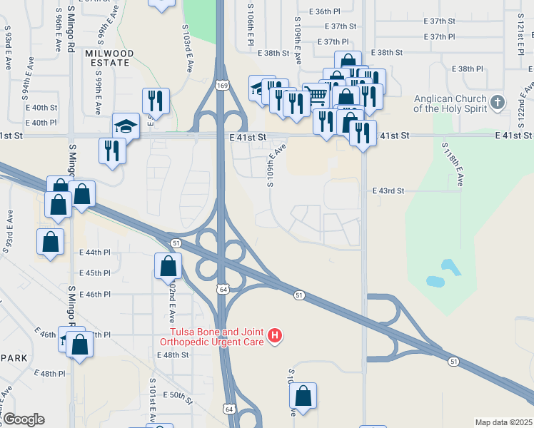 map of restaurants, bars, coffee shops, grocery stores, and more near 4404 South 109th East Avenue in Tulsa