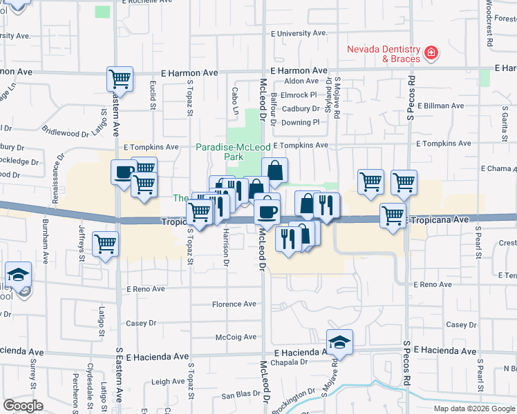 map of restaurants, bars, coffee shops, grocery stores, and more near in Paradise