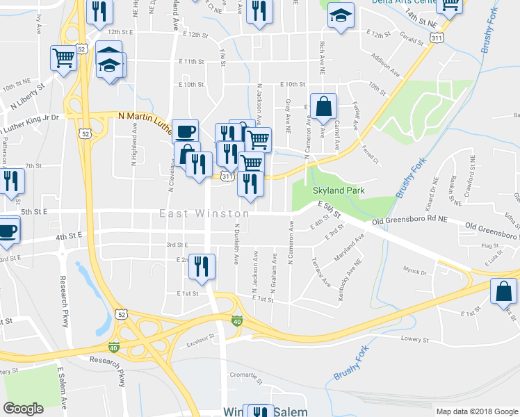 map of restaurants, bars, coffee shops, grocery stores, and more near 1601 East 5th Street in Winston-Salem