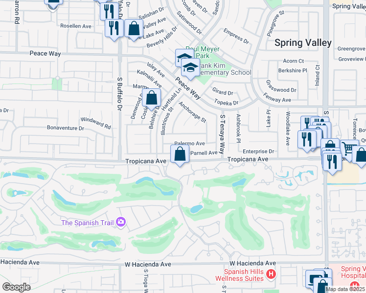 map of restaurants, bars, coffee shops, grocery stores, and more near 7517 Palermo Avenue in Las Vegas