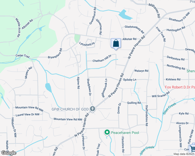 map of restaurants, bars, coffee shops, grocery stores, and more near 800 Woodcrest Drive in Winston-Salem