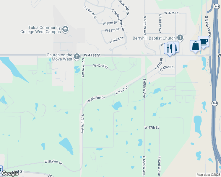 map of restaurants, bars, coffee shops, grocery stores, and more near 4224 South 69th West Avenue in Tulsa
