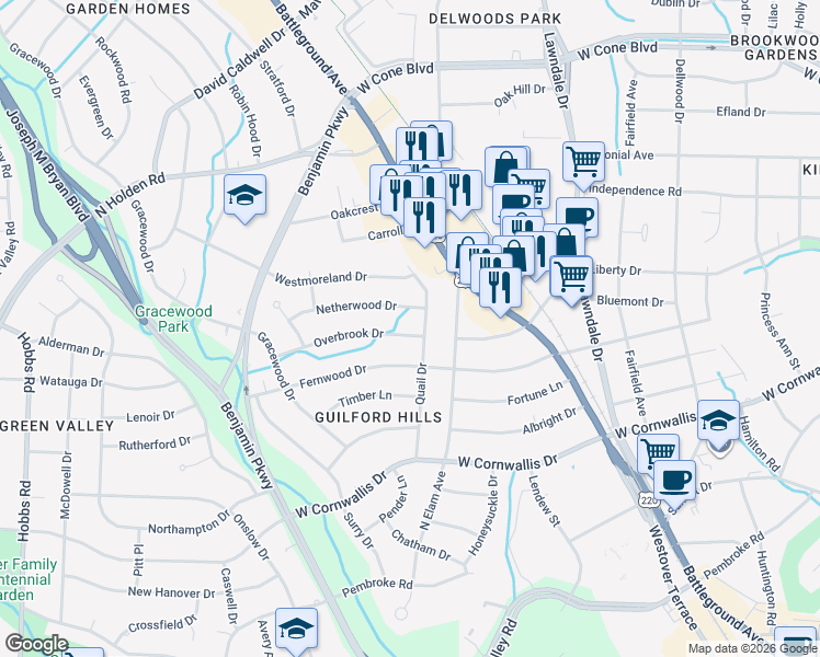 map of restaurants, bars, coffee shops, grocery stores, and more near 2500 Overbrook Drive in Greensboro