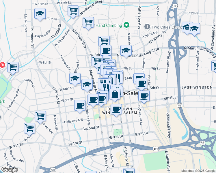 map of restaurants, bars, coffee shops, grocery stores, and more near 530 North Trade Street in Winston-Salem