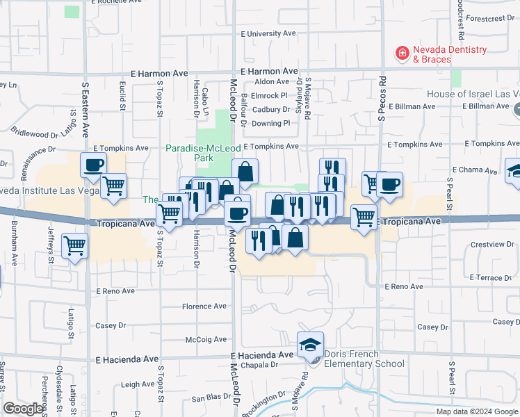 map of restaurants, bars, coffee shops, grocery stores, and more near 4870 Summerhill Road in Las Vegas