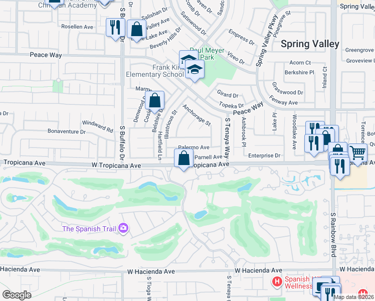 map of restaurants, bars, coffee shops, grocery stores, and more near 7517 Palermo Avenue in Las Vegas
