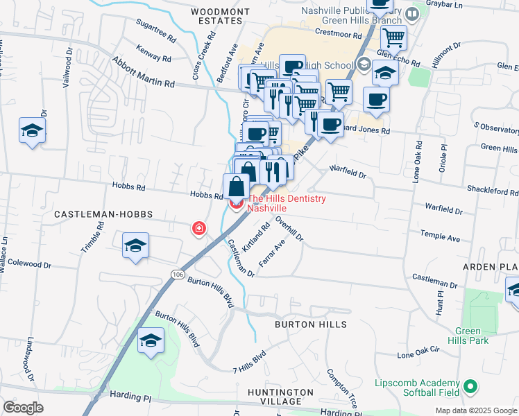 map of restaurants, bars, coffee shops, grocery stores, and more near 2041 Overhill Drive in Nashville
