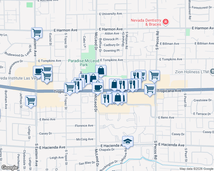 map of restaurants, bars, coffee shops, grocery stores, and more near 4880 Summerhill Road in Las Vegas