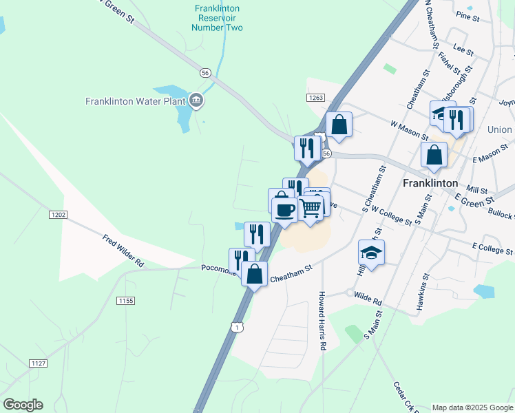 map of restaurants, bars, coffee shops, grocery stores, and more near 50 Oakcrest Drive in Franklinton