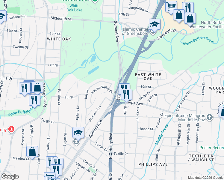 map of restaurants, bars, coffee shops, grocery stores, and more near 1703 Sunrise Valley Drive in Greensboro