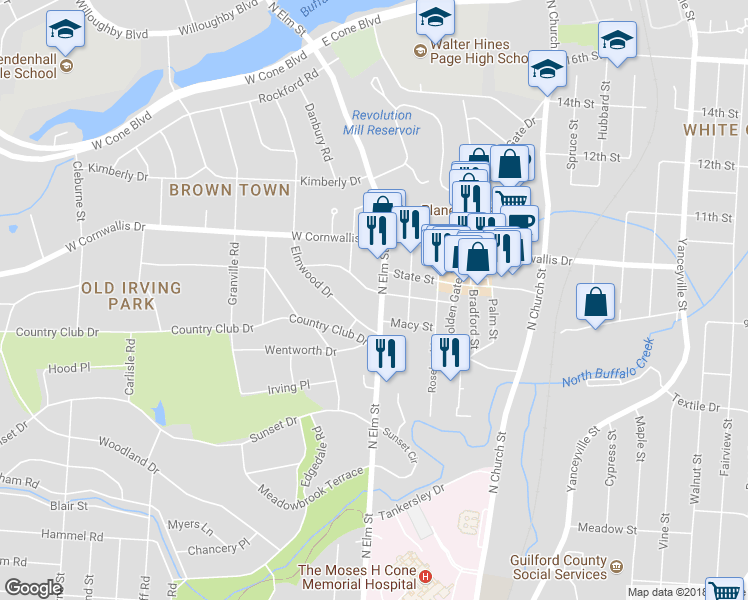 map of restaurants, bars, coffee shops, grocery stores, and more near 1905 North Elm Street in Greensboro