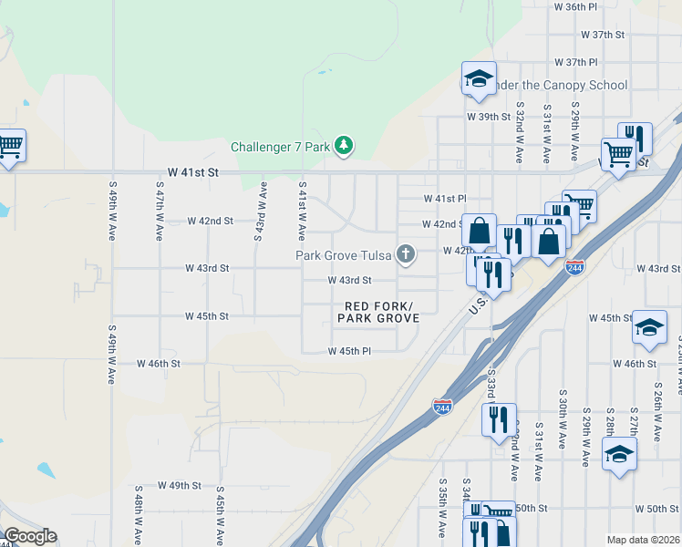 map of restaurants, bars, coffee shops, grocery stores, and more near 3741 West 43rd Street in Tulsa