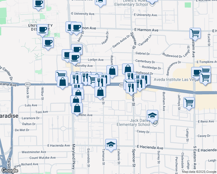 map of restaurants, bars, coffee shops, grocery stores, and more near 1553 East Tropicana Avenue in Las Vegas