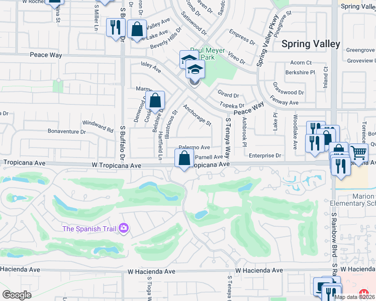 map of restaurants, bars, coffee shops, grocery stores, and more near 7517 Palermo Avenue in Las Vegas