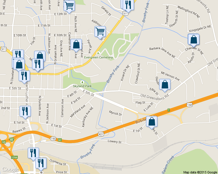 map of restaurants, bars, coffee shops, grocery stores, and more near 2425 Old Greensboro Road in Winston Salem