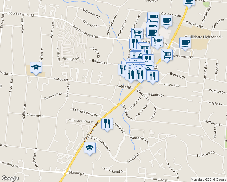 map of restaurants, bars, coffee shops, grocery stores, and more near 4207 Stammer Place in Nashville