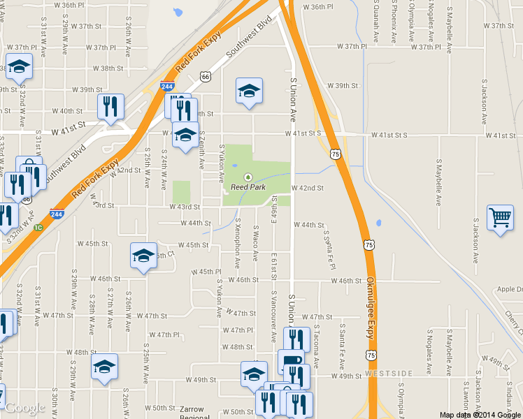 map of restaurants, bars, coffee shops, grocery stores, and more near 1820 West 43rd Street in Tulsa