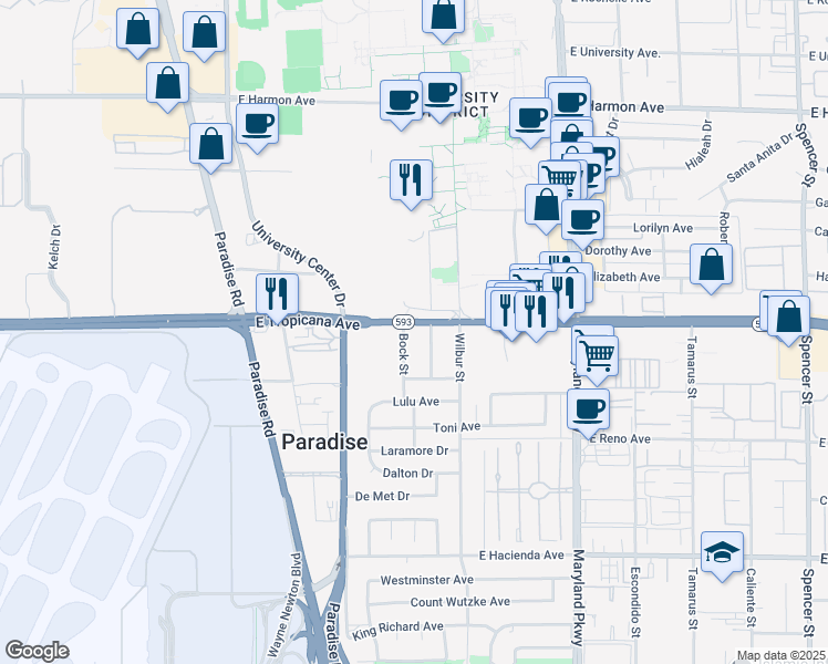 map of restaurants, bars, coffee shops, grocery stores, and more near 4933 Shirley Street in Las Vegas