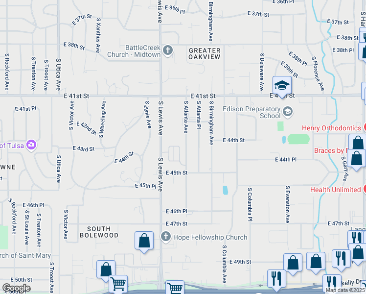 map of restaurants, bars, coffee shops, grocery stores, and more near 4402 South Lewis Court in Tulsa