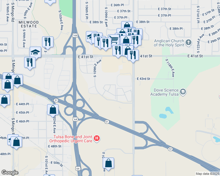 map of restaurants, bars, coffee shops, grocery stores, and more near 4414 South Garnett Road in Tulsa