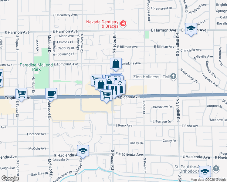 map of restaurants, bars, coffee shops, grocery stores, and more near 4878 South Pecos Road in Las Vegas