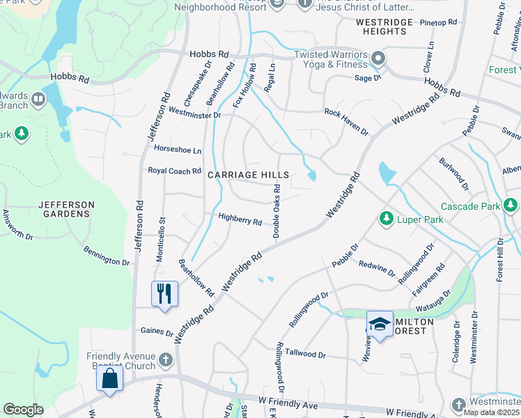 map of restaurants, bars, coffee shops, grocery stores, and more near 1505 Fox Hollow Road in Greensboro