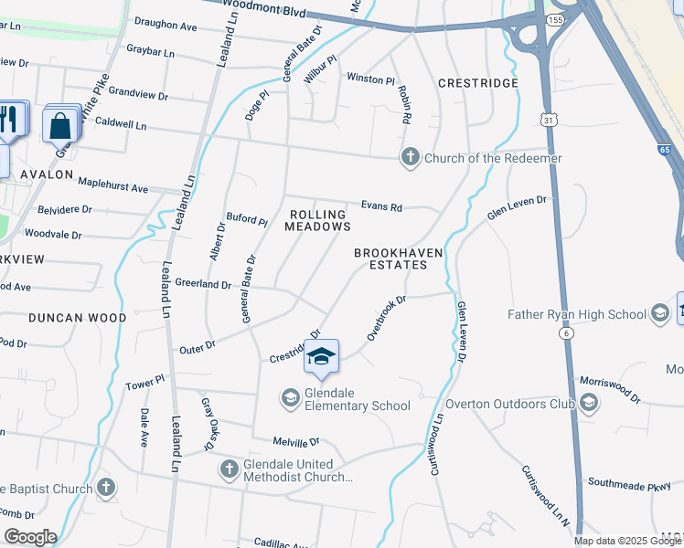 map of restaurants, bars, coffee shops, grocery stores, and more near 4035 Crestridge Drive in Nashville