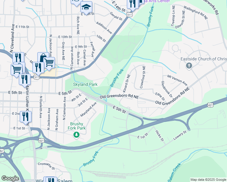 map of restaurants, bars, coffee shops, grocery stores, and more near 2435 Old Greensboro Road in Winston-Salem