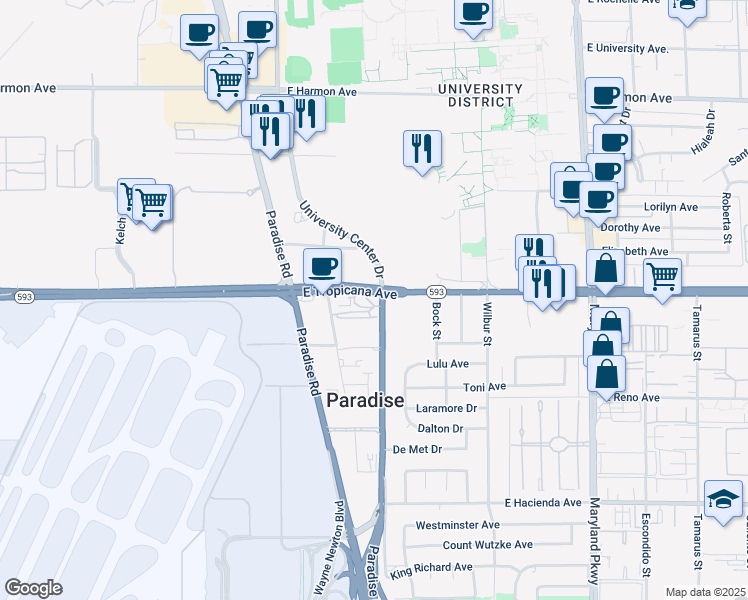 map of restaurants, bars, coffee shops, grocery stores, and more near 795 East Tropicana Avenue in Las Vegas