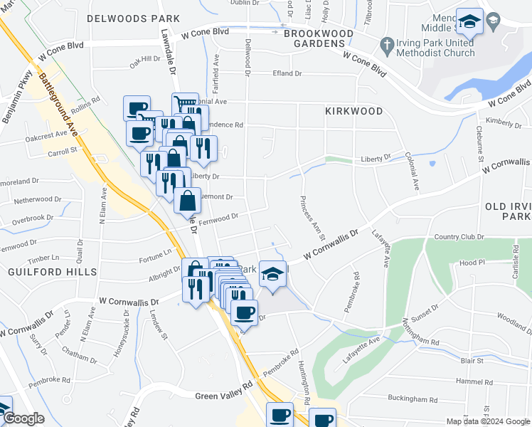map of restaurants, bars, coffee shops, grocery stores, and more near 1901 Fernwood Drive in Greensboro