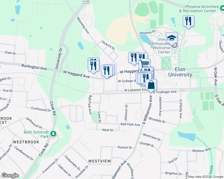 map of restaurants, bars, coffee shops, grocery stores, and more near West Lebanon Avenue in Elon