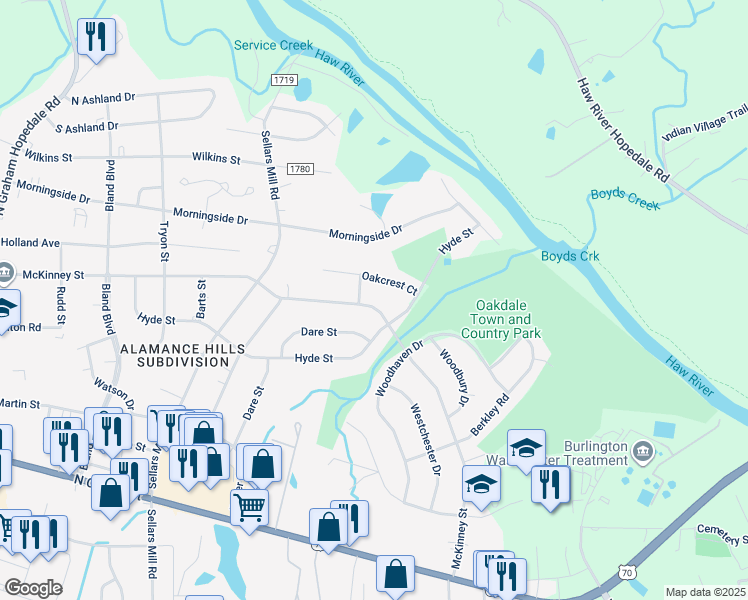 map of restaurants, bars, coffee shops, grocery stores, and more near 2552 McKinney Street in Burlington