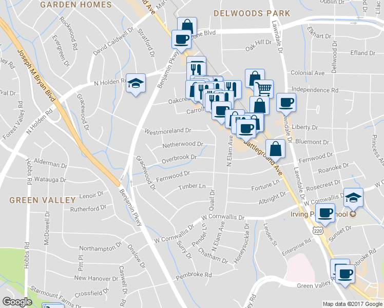 map of restaurants, bars, coffee shops, grocery stores, and more near 2510 Overbrook Drive in Greensboro