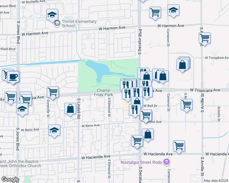 map of restaurants, bars, coffee shops, grocery stores, and more near 5155 West Tropicana Avenue in Las Vegas
